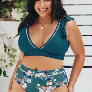 Cupshe ruffled Floral High waisted Teal Bikini, Women's 3X Plus Size,  Brand new